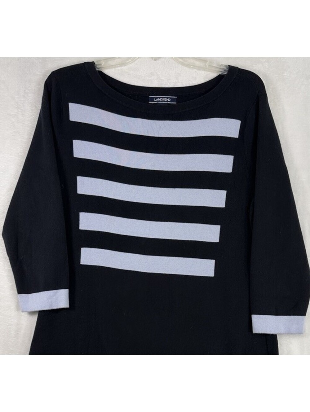 Lands End Sweater Dress Medium Navy Blue Striped 3:4 Sleeves Knit Womens